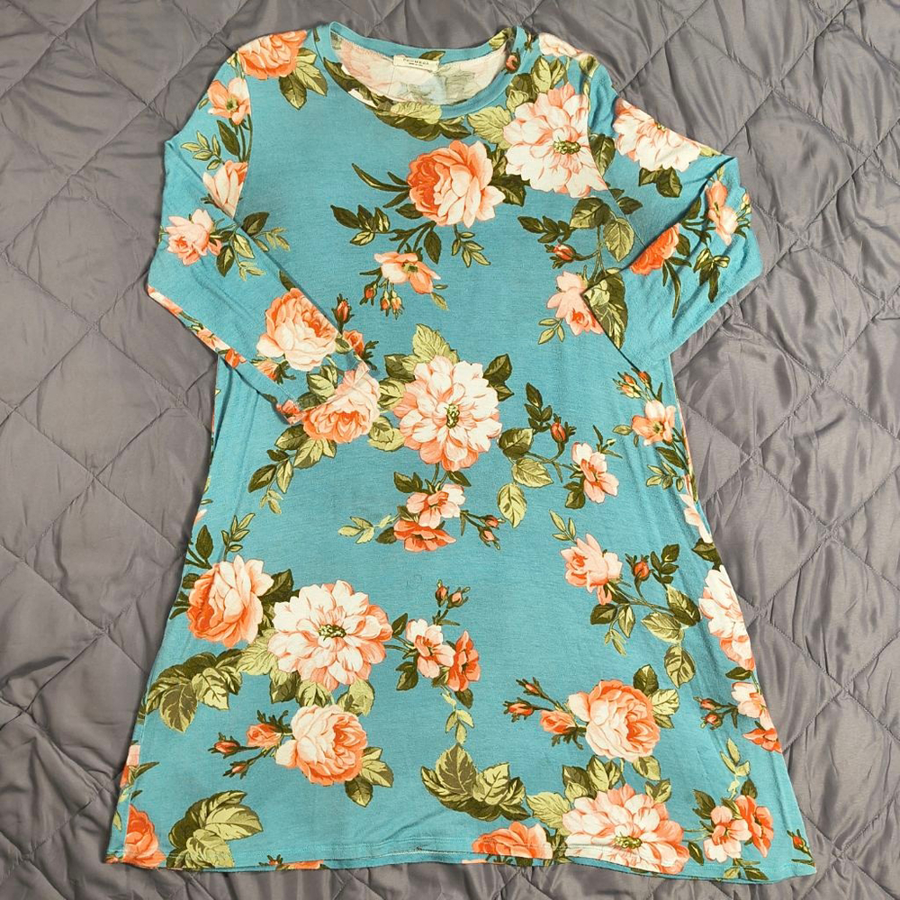 (M) Women's Promesa Blue Floral Print Three-quarter Sleeve Dress with Pockets - Picture 1 of 6